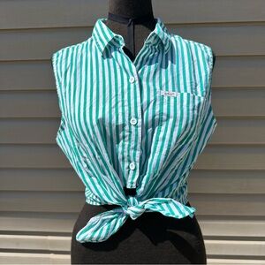 Vintage Chic Western Green And White Striped Cropped Tie Up Button Up Shirt Sz S